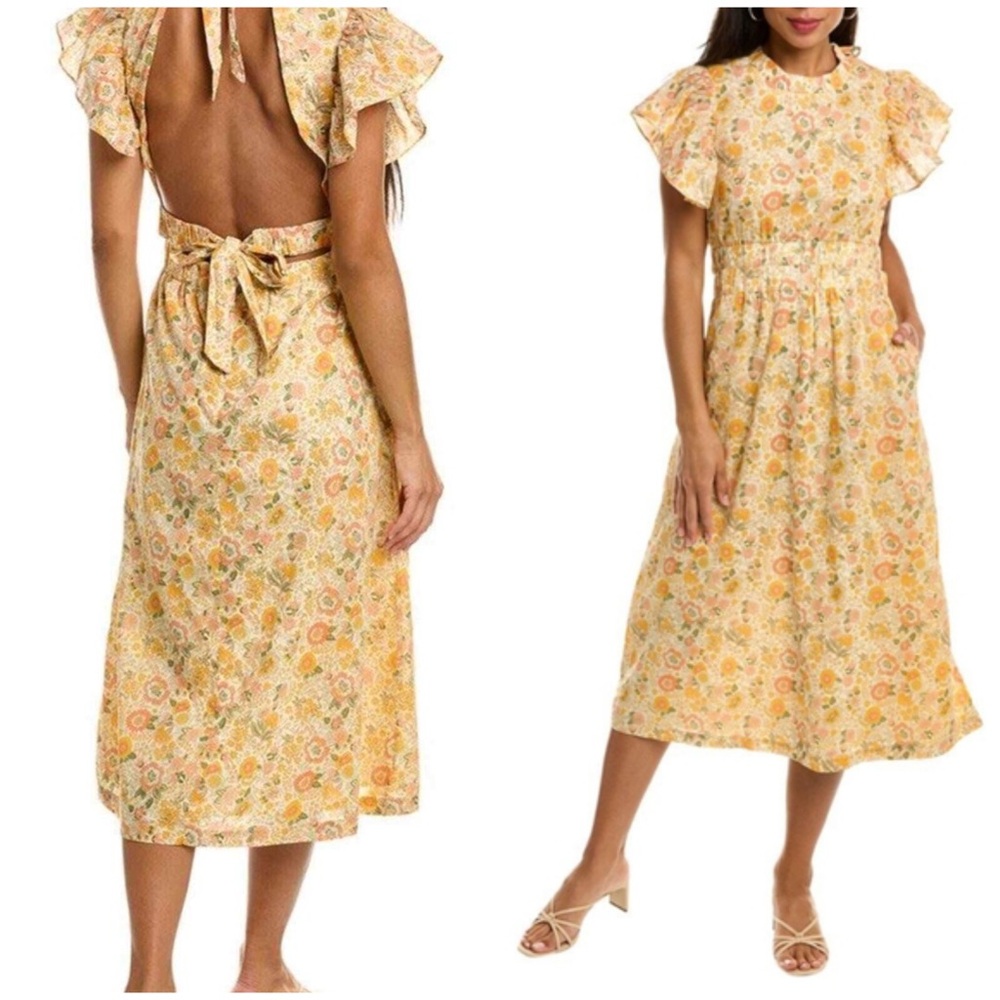 Elan Yellow Flutter Sleeve Midi Sundress large floral Monterey ruffle sleeve